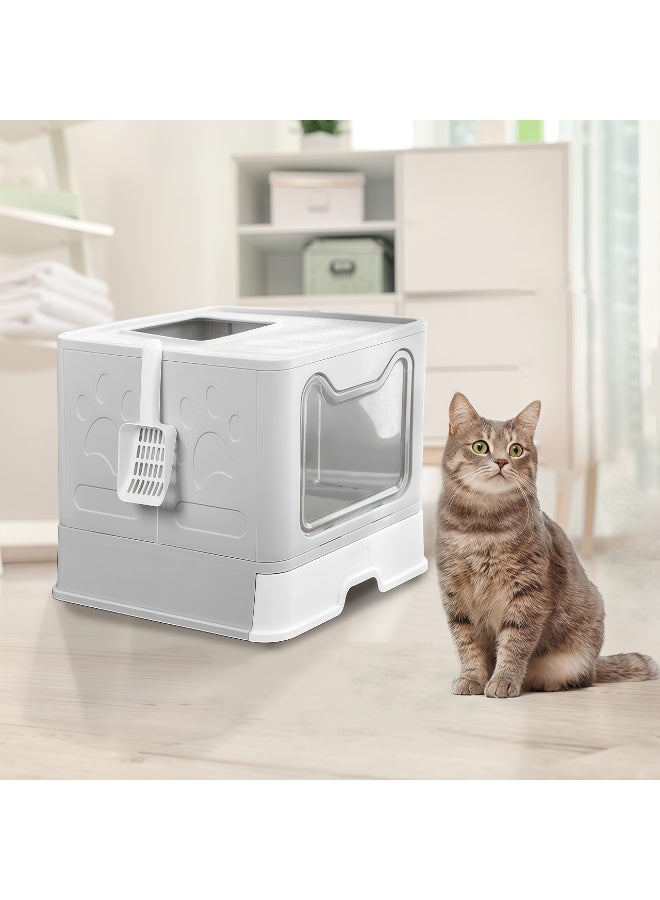 BLOOMING TIME Two-Way Foldable Drawer Type Cat Litter Box - Spacious Kitty Litter Tray with complementory Scoop and Drawer Design for Easy Cleaning and Convenience 51x41x38cm - Image 1